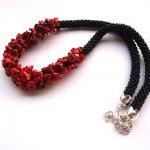 Bead Crocheted Rope Necklace With Red Coral..