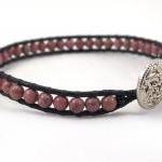 Black Leather Wrap Bracelet With Rodonite Beads