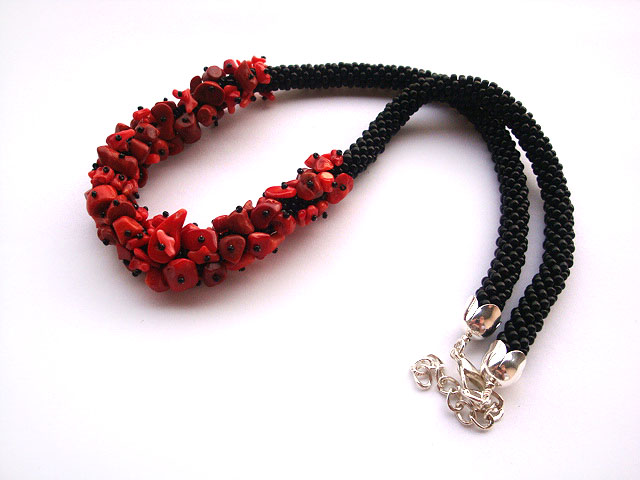 Bead Crocheted Rope Necklace With Red Coral Gemstone Beads