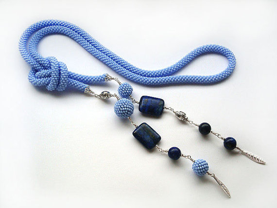 Blue Beads Crochet Rope Necklace -lariat- Belt With Lapis Lazuli