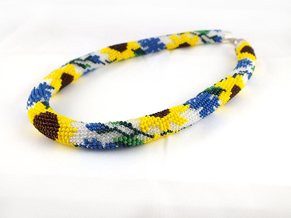 Beads Crochet Rope Necklace With Cornflower And Sunflower Flower ,beaded Necklace ,handmade Jewellery
